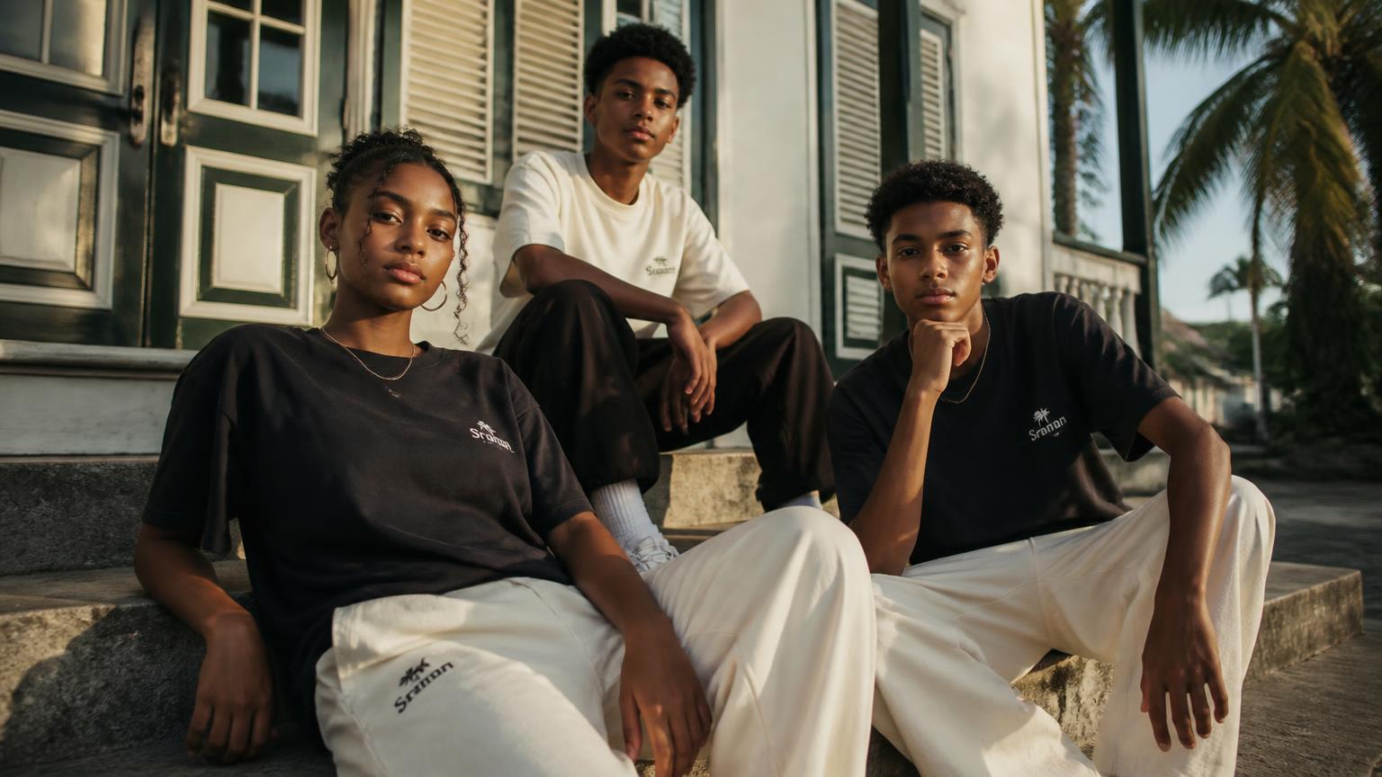 Three Surinamese teenagers in FAKA streetwear sitting on colonial steps at golden hour